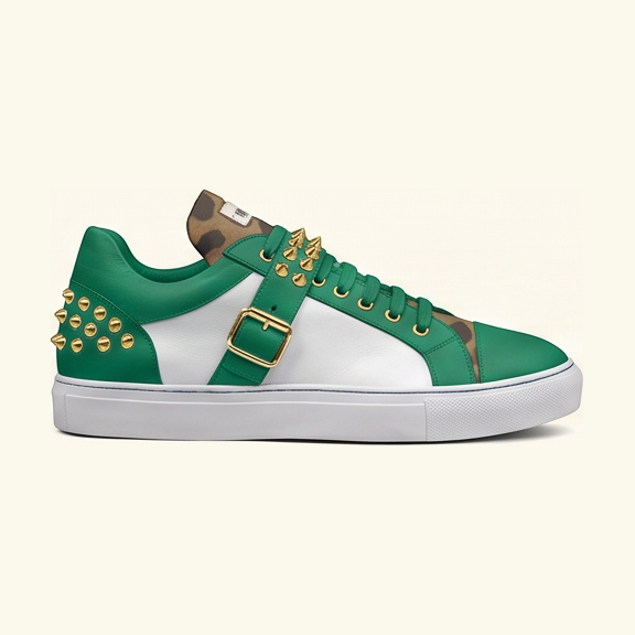 PROPER Signature Sneaker in EMERALD, side view with green and white panels, gold-tone studs and buckle.