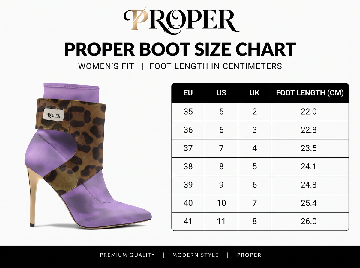 PROPER Signature Boot size chart, women's fit, EU, US and UK sizes with foot length in centimeters