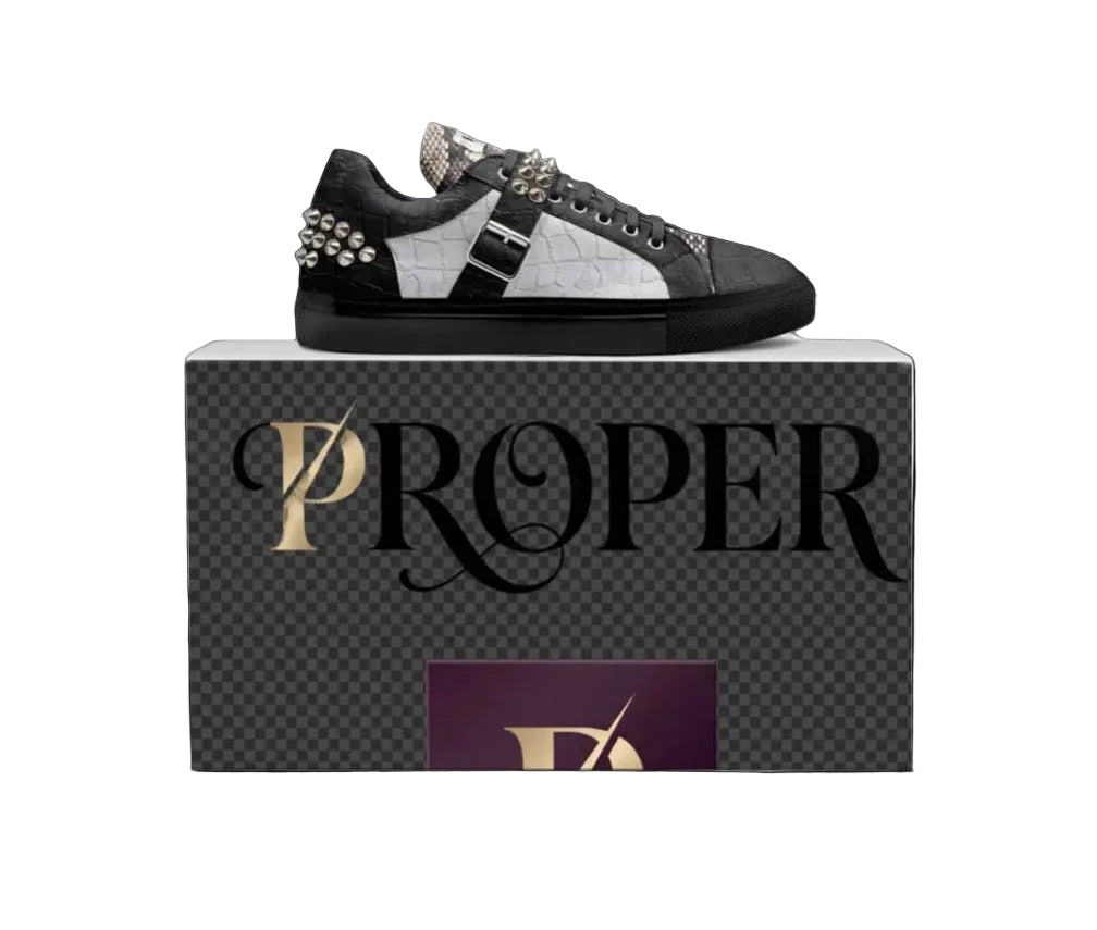 PROPER Signature Sneaker in BLACK CROC resting on the PROPER shoe box