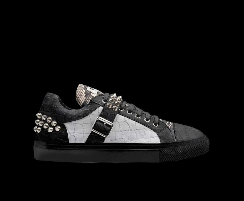 PROPER Signature Sneaker in BLACK CROC, side view: black and white croc-textured panels, snake-textured collar, silver spikes, silver buckle strap, black sole