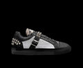PROPER Signature Sneaker in BLACK CROC, side view: black and white croc-textured panels, snake-textured collar, silver spikes, silver buckle strap, black sole