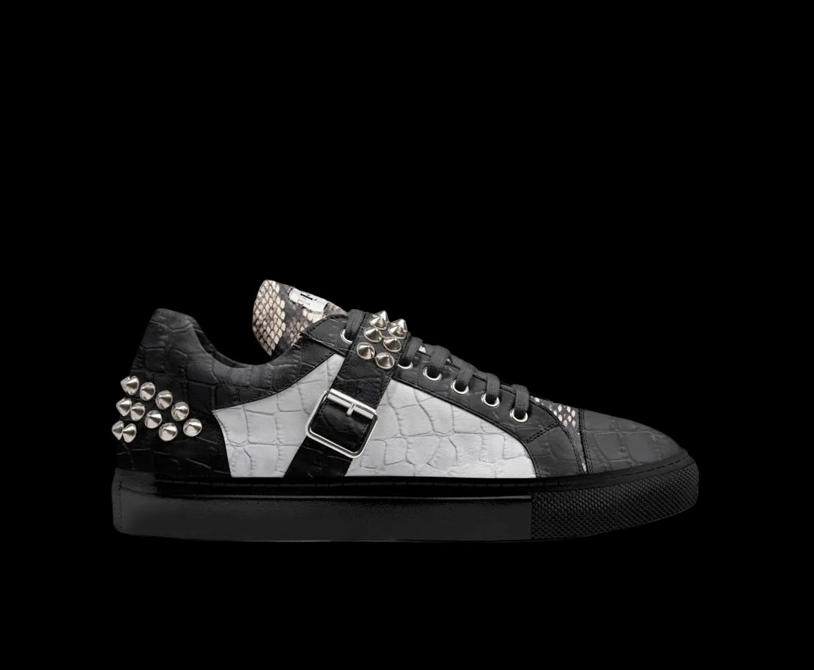 PROPER Signature Sneaker in BLACK CROC, side view: black and white croc-textured panels, snake-textured collar, silver spikes, silver buckle strap, black sole