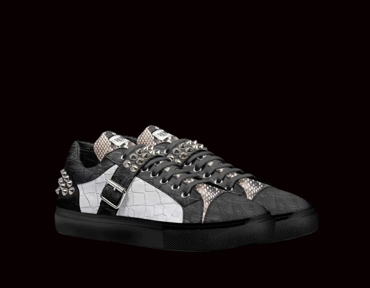 Pair of PROPER Signature Sneakers in BLACK CROC with silver heel spikes