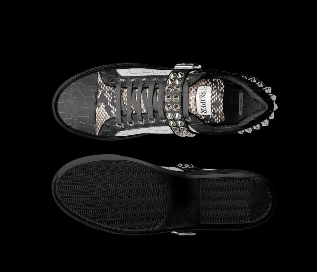 PROPER Signature Sneaker in BLACK CROC, top and sole view showing the snake-textured lining and black outsole