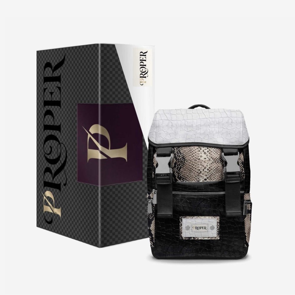 PROPER Signature Backpack in BLACK CROC beside its PROPER box