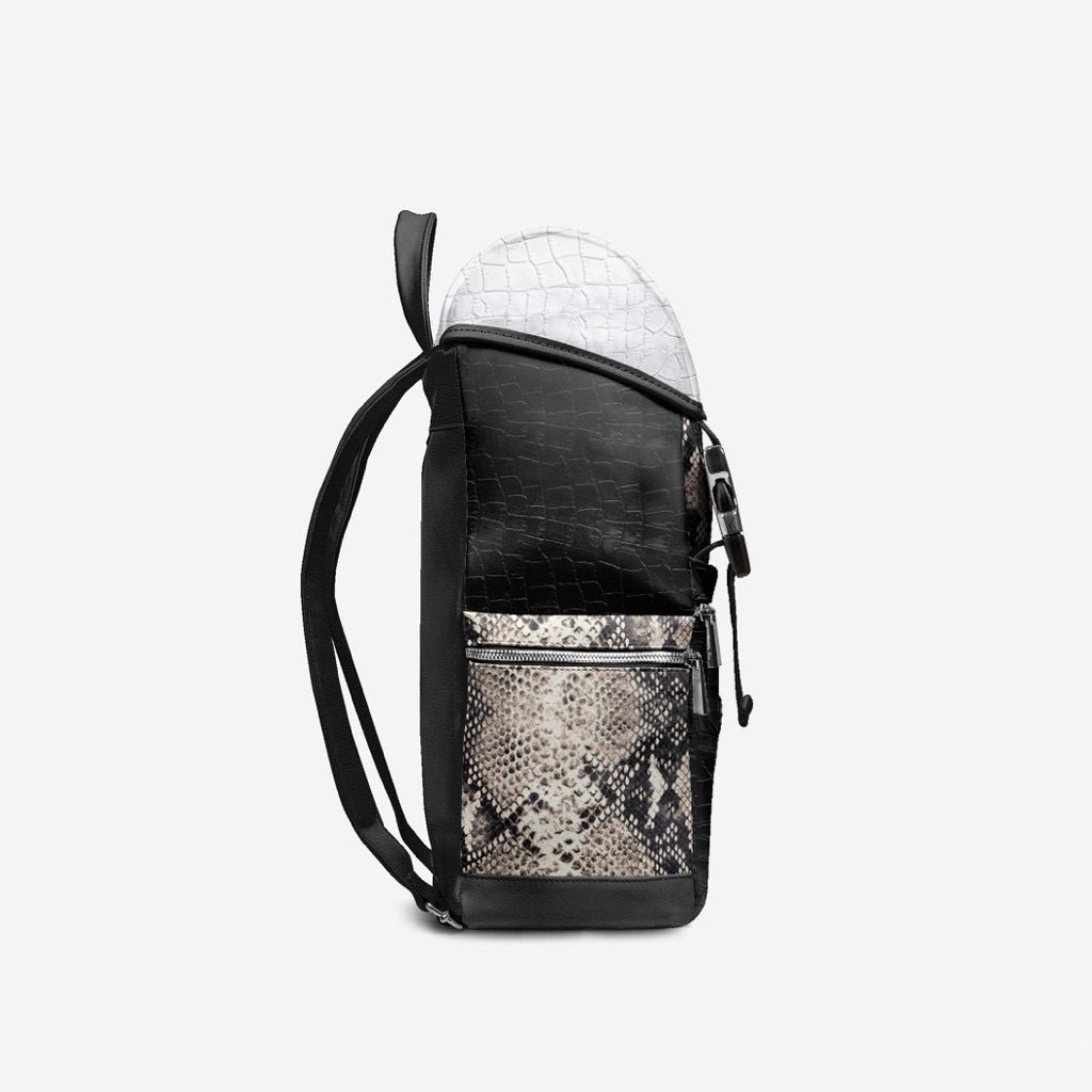PROPER Signature Backpack in BLACK CROC, side view showing the shoulder strap and snake-textured side pocket