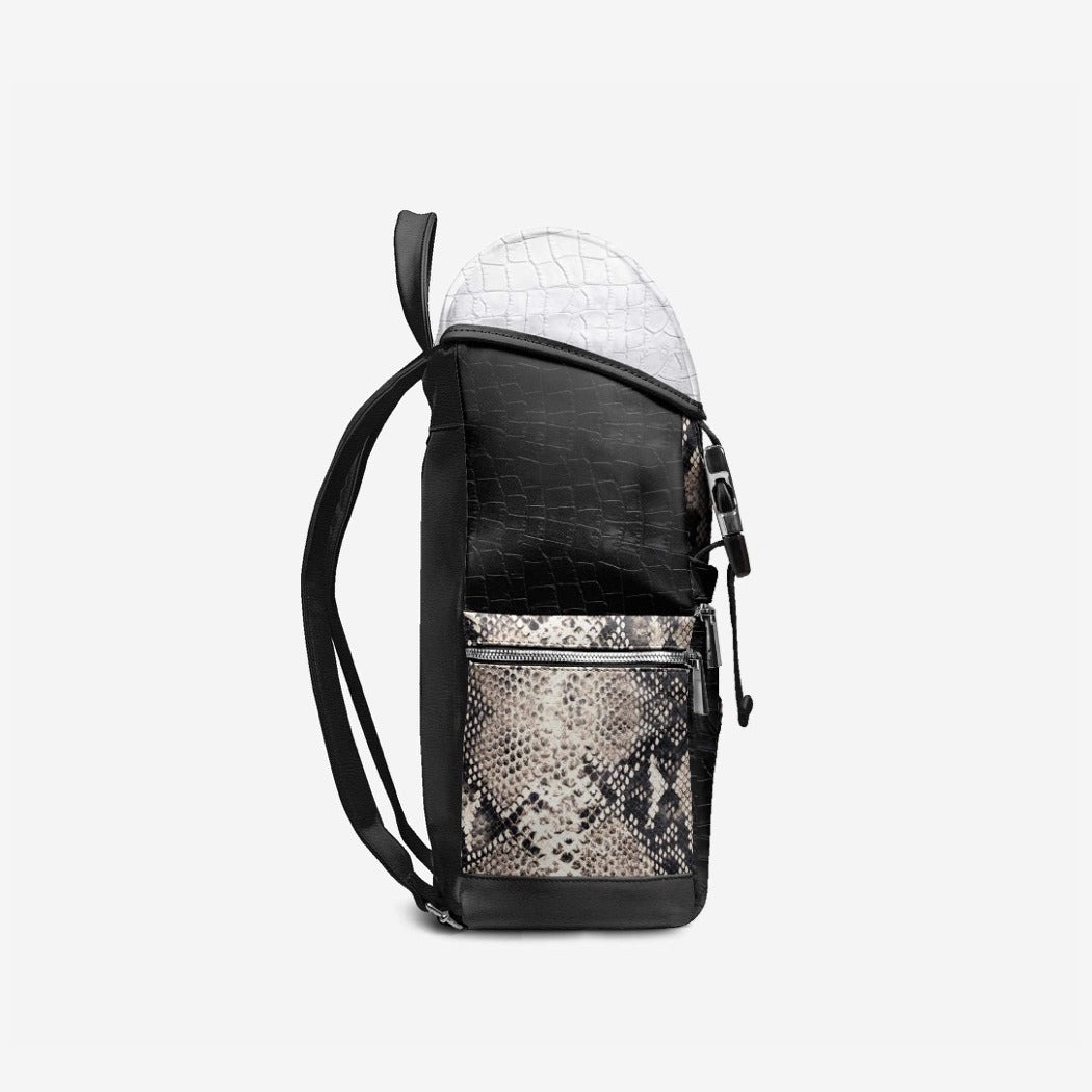 PROPER Signature Backpack in BLACK CROC, side view showing the shoulder strap and snake-textured side pocket