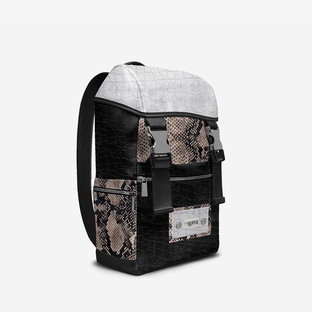 PROPER Signature Backpack in BLACK CROC, three-quarter view with snake-textured side pocket