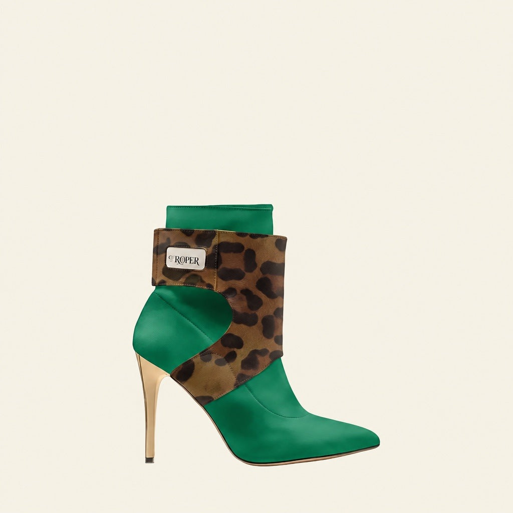 PROPER Signature Boot in EMERALD with jaguar-print panels and gold heel