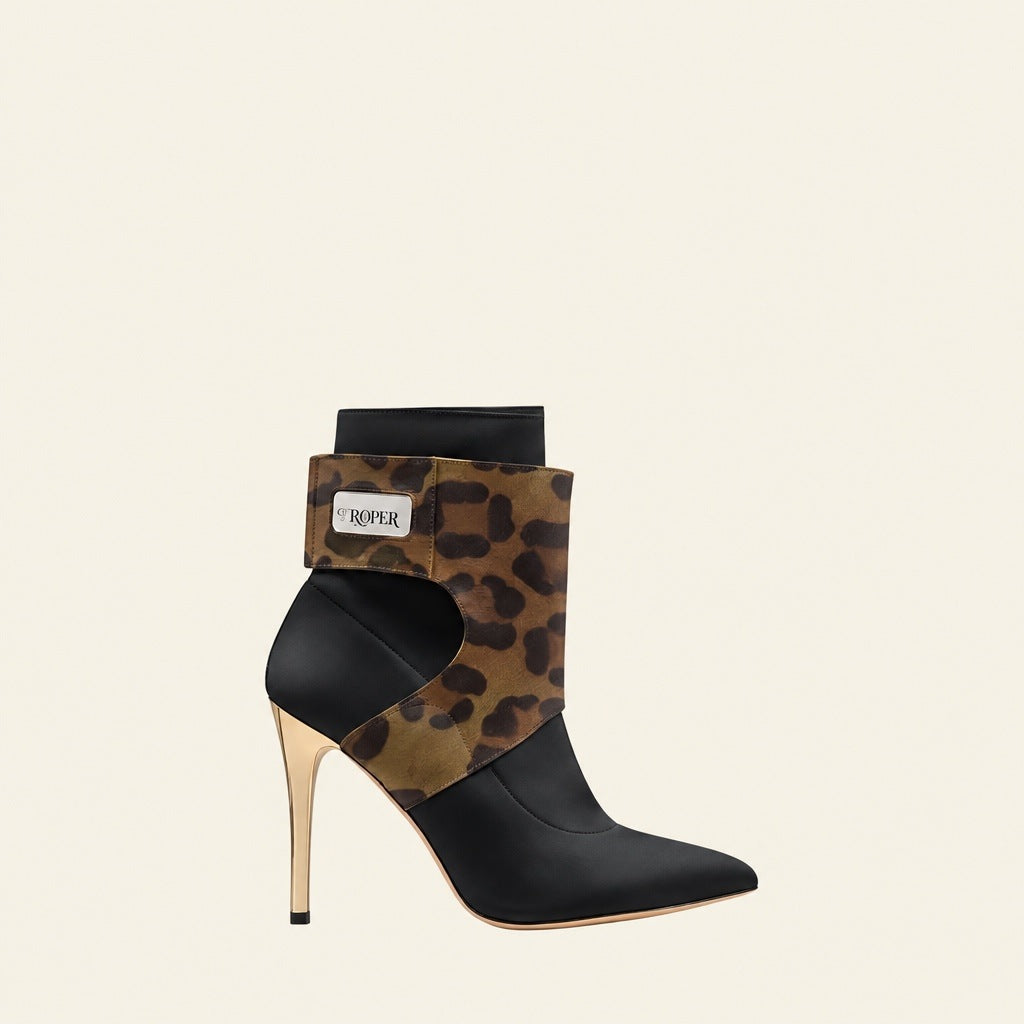 PROPER Signature Boot in NOIR with jaguar-print panels and gold heel