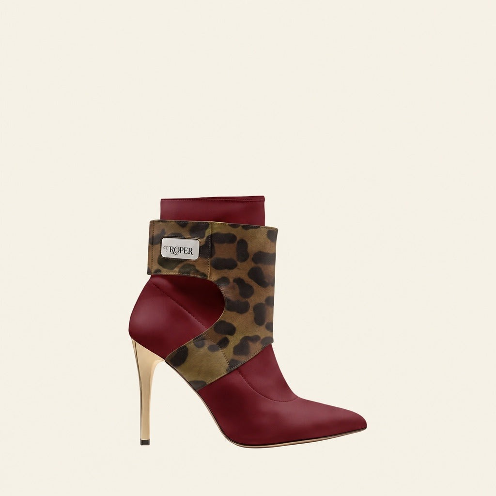 PROPER Signature Boot in OXBLOOD with jaguar-print panels and gold heel