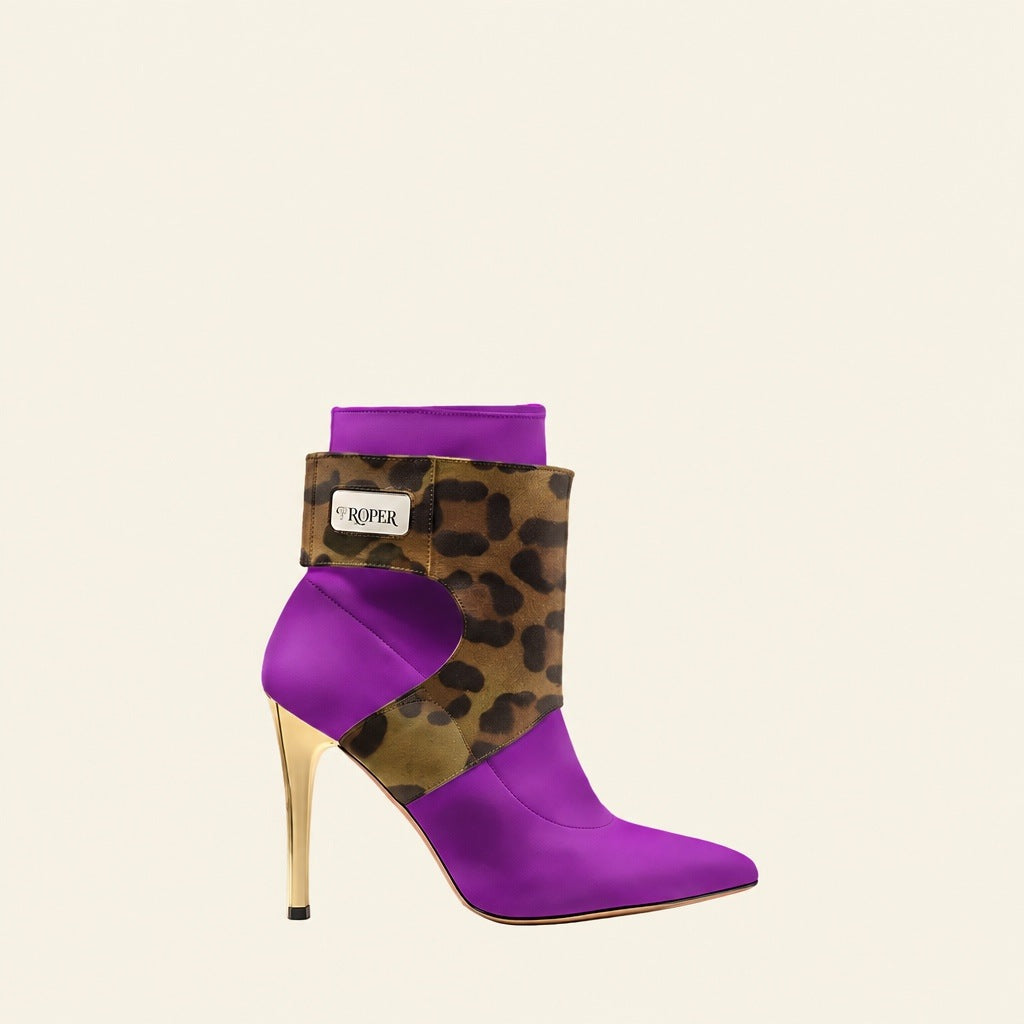 PROPER Signature Boot in PLUM with jaguar-print panels and gold heel