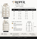 PROPER white puffer vest front and back with size chart