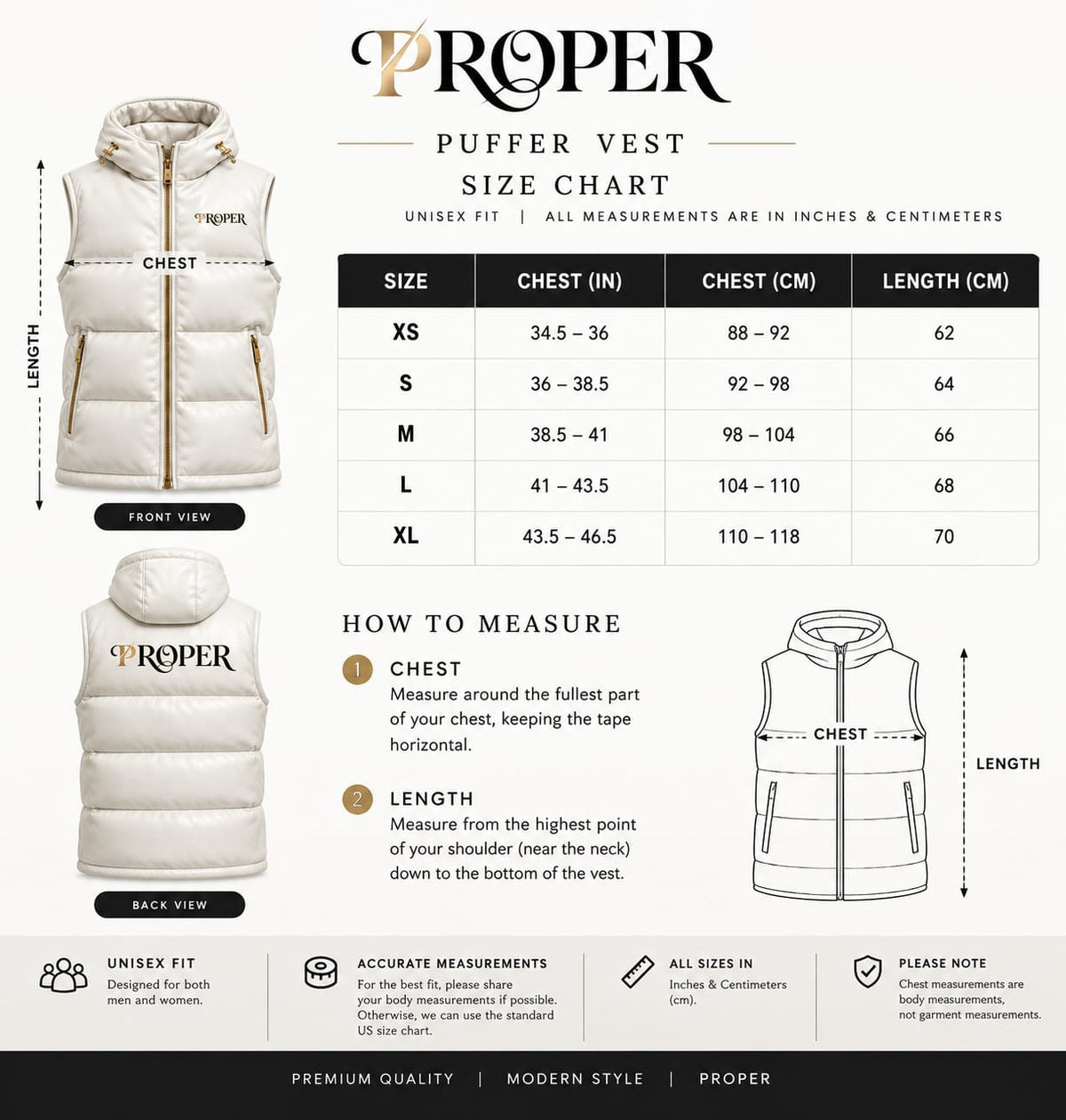PROPER white puffer vest front and back with size chart